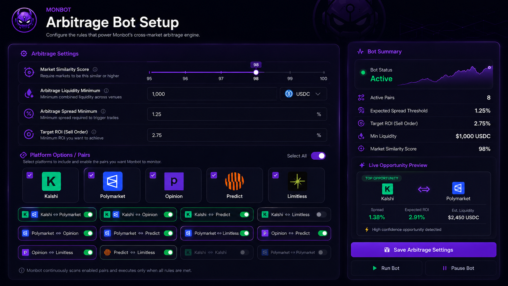 Monbot arbitrage setup demo